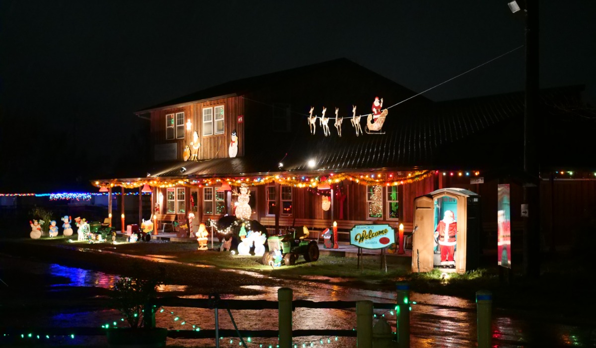 Holiday lights on the Wolf Iron Works display at Holiday Sparkles at Powerland.