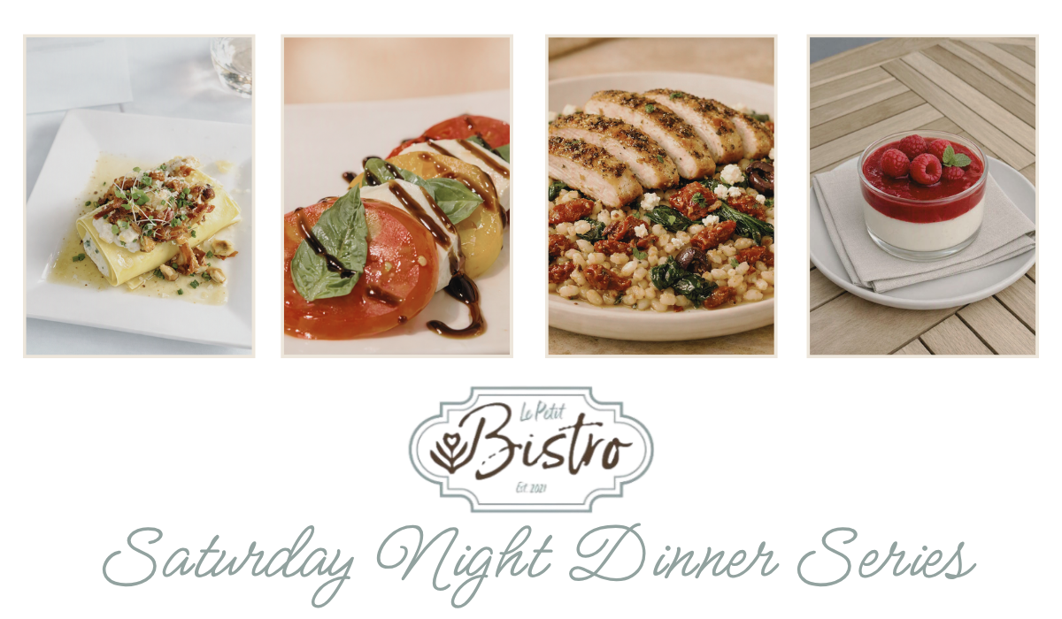 Pictured are the four courses for Saturday Night Dinner Series at Le Petit Bistro in Hubbard Oregon. Sweet CornCannelloni, Caprese Salad, MediterraneanChicken Risotto, and Raspberry Panna Cotta. 